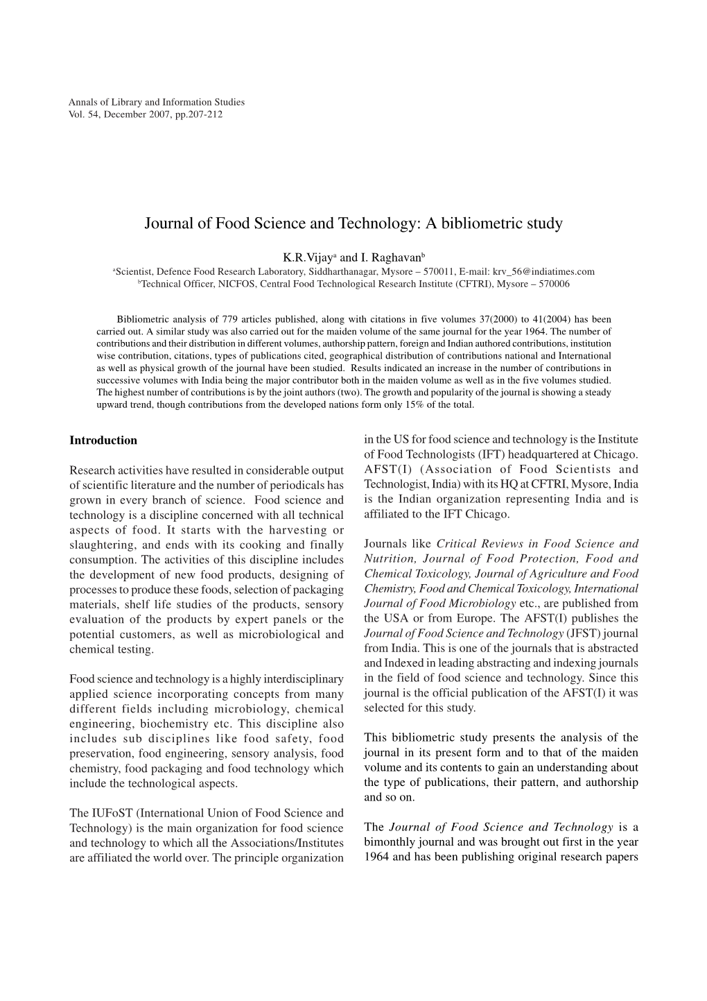 Journal of Food Science and Technology: a Bibliometric Study 207