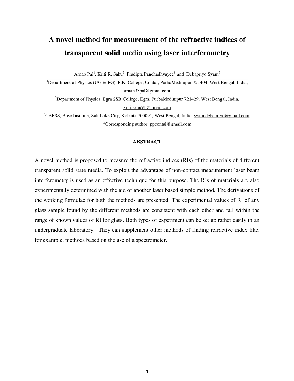 A Novel Method for Measurement of the Refractive Indices of Transparent Solid Media Using Laser Interferometry