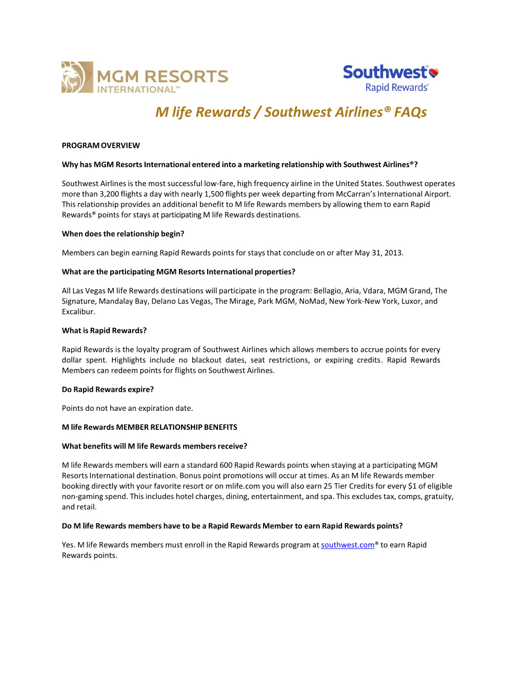 M Life Rewards / Southwest Airlines® Faqs