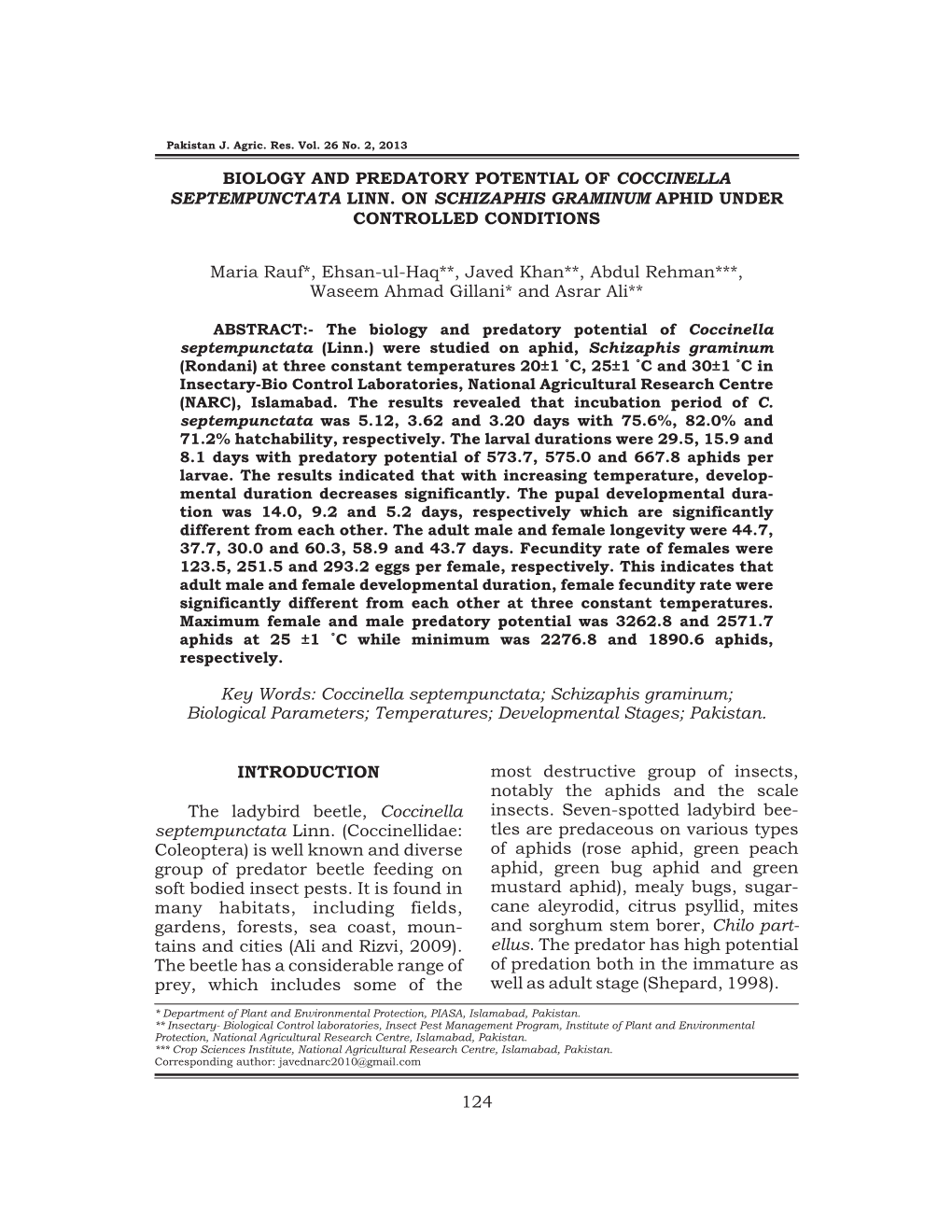 Biology and Predatory Potential of Coccinella Septempunctata Linn