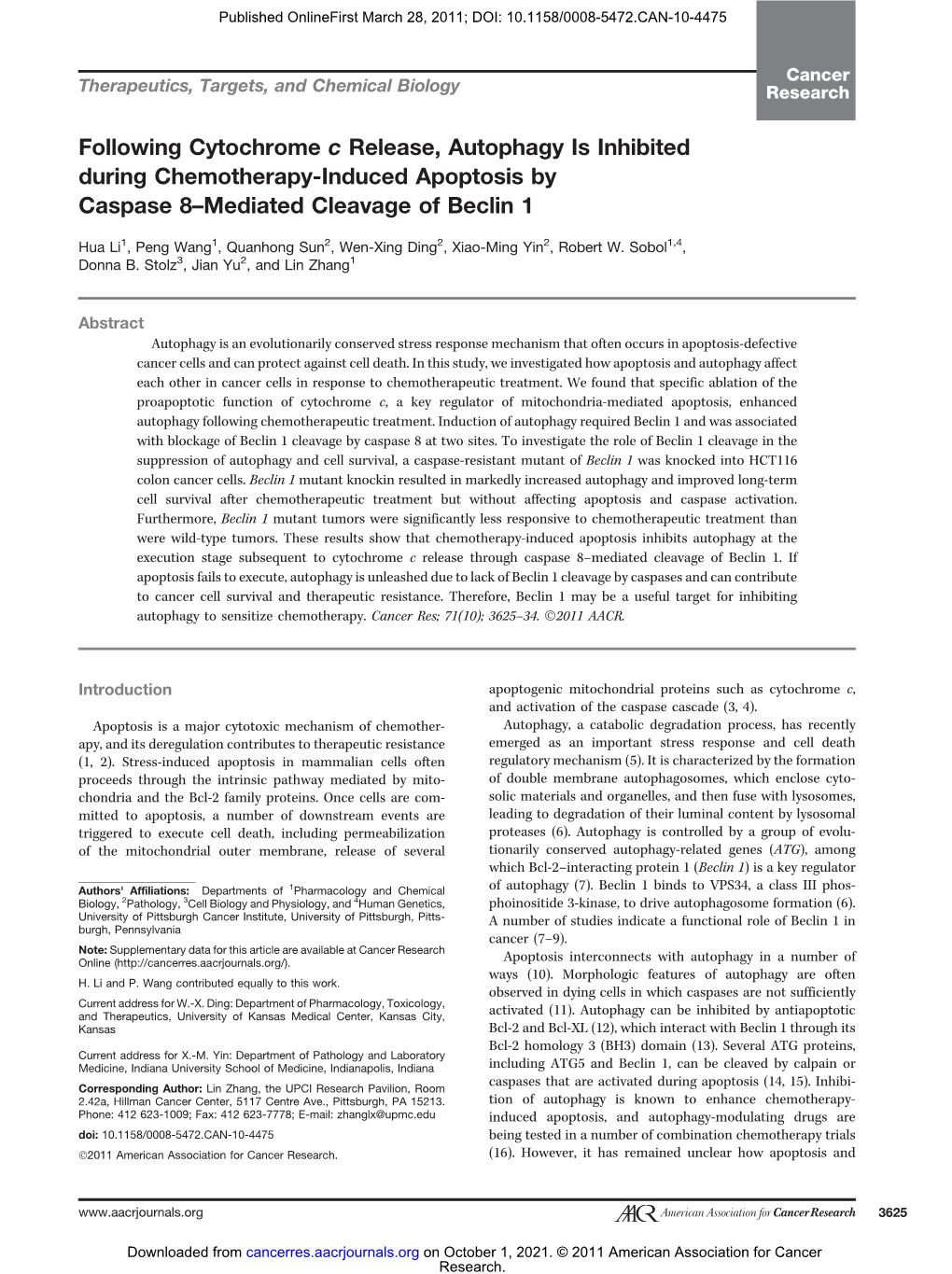 Following Cytochrome C Release, Autophagy Is Inhibited During Chemotherapy-Induced Apoptosis by Caspase 8–Mediated Cleavage of Beclin 1