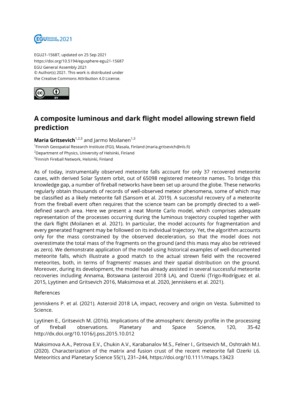 A Composite Luminous and Dark Flight Model Allowing Strewn Field Prediction