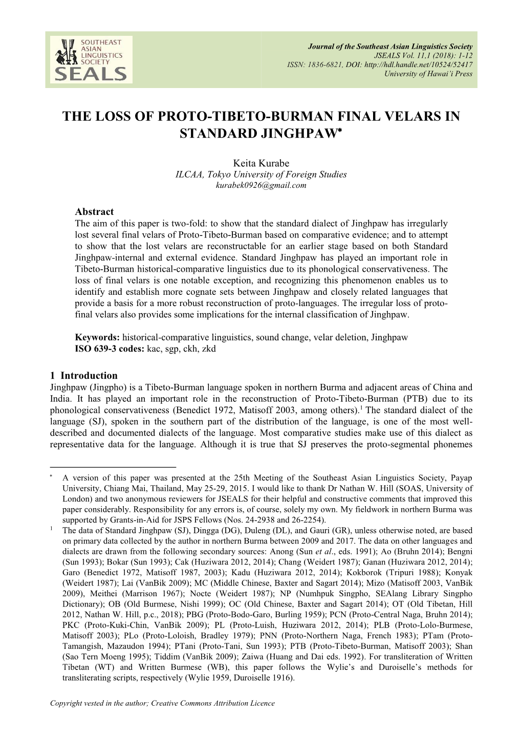 The Loss of Proto-Tibeto-Burman Final Velars in Standard Jinghpaw