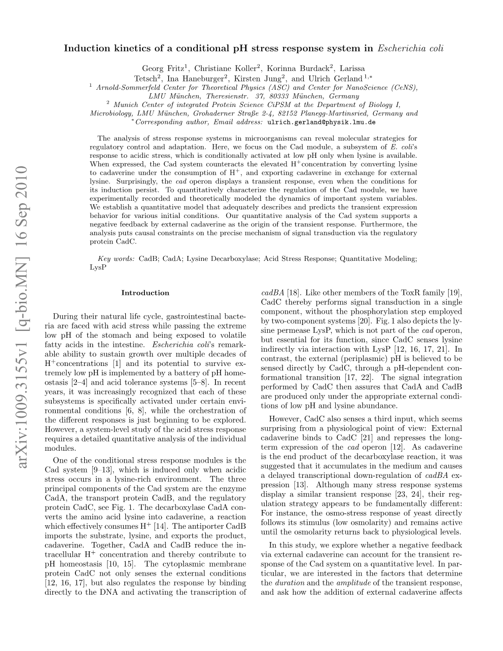 Induction Kinetics of a Conditional Ph Stress Response System in Escherichia Coli