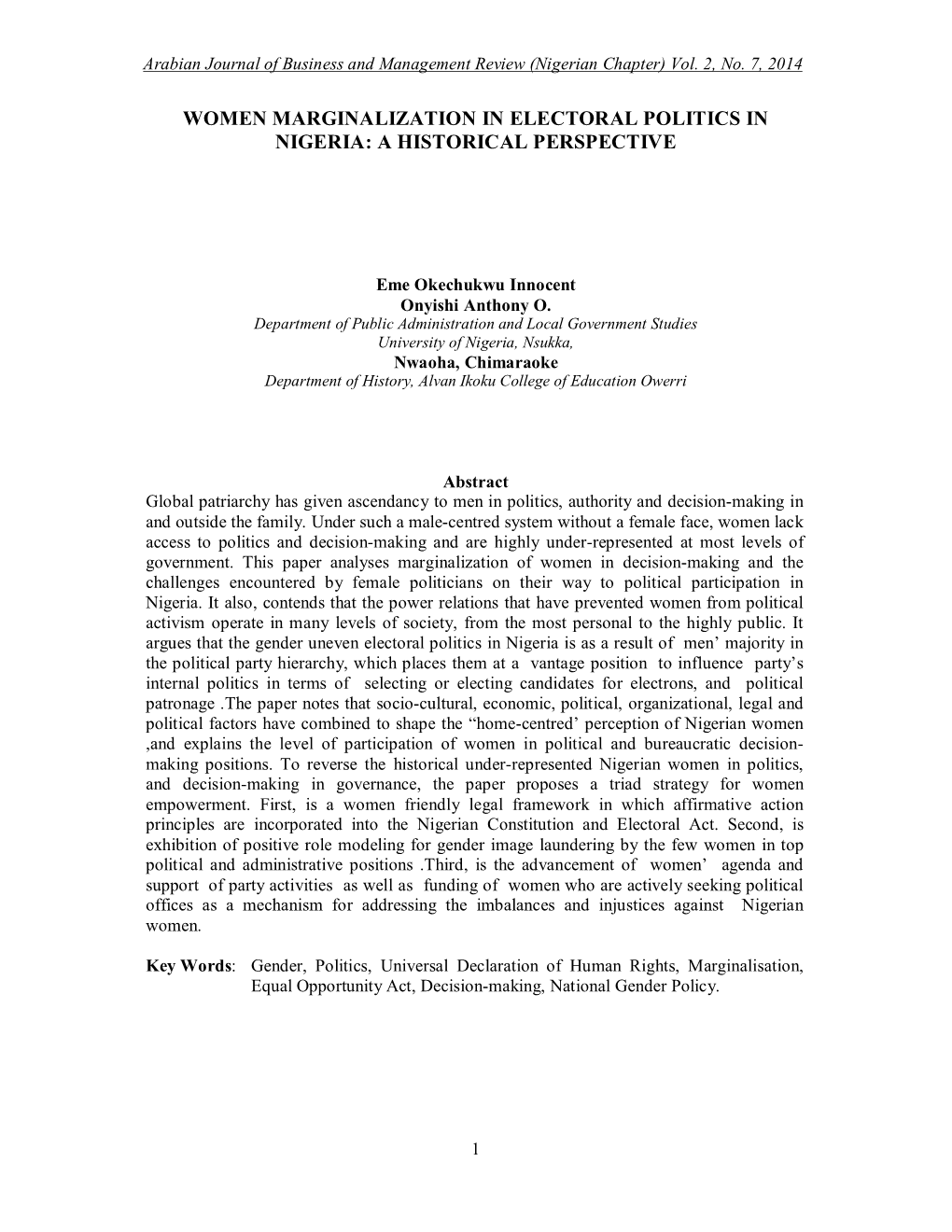 Women Marginalization in Electoral Politics in Nigeria: a Historical Perspective