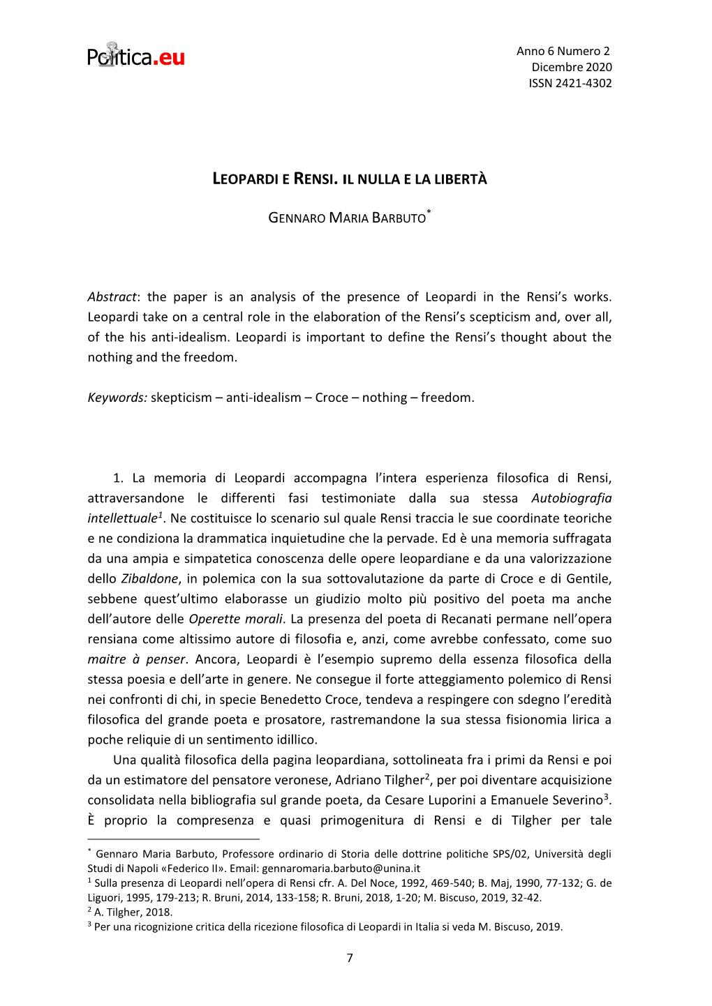 Leopardi E Rensi. Il Nulla E La Libertà