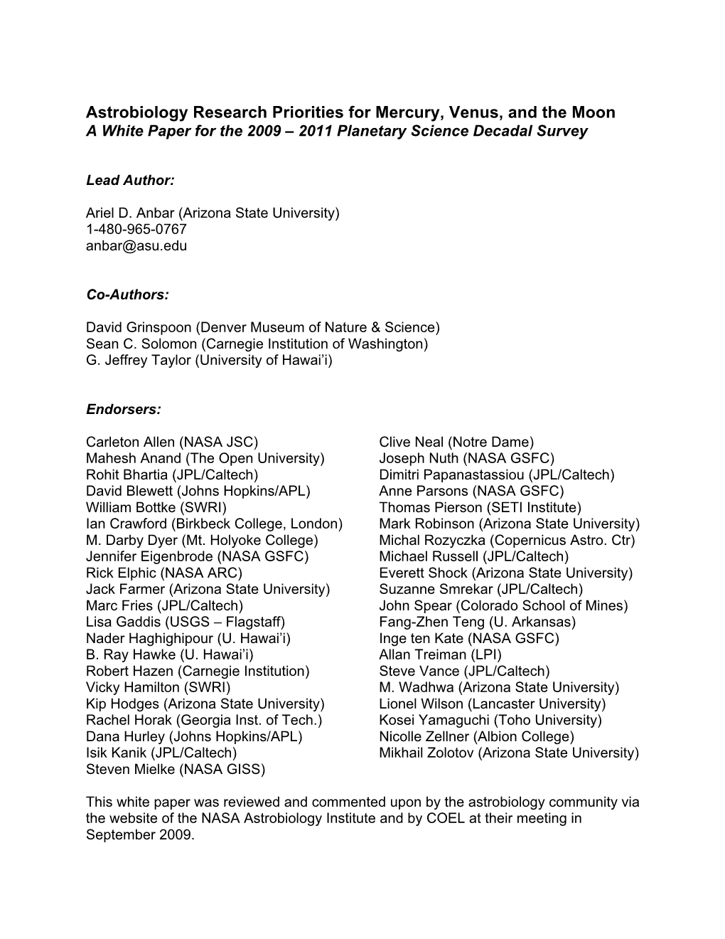 Astrobiology Research Priorities for Mercury, Venus, and the Moon a White Paper for the 2009 – 2011 Planetary Science Decadal Survey