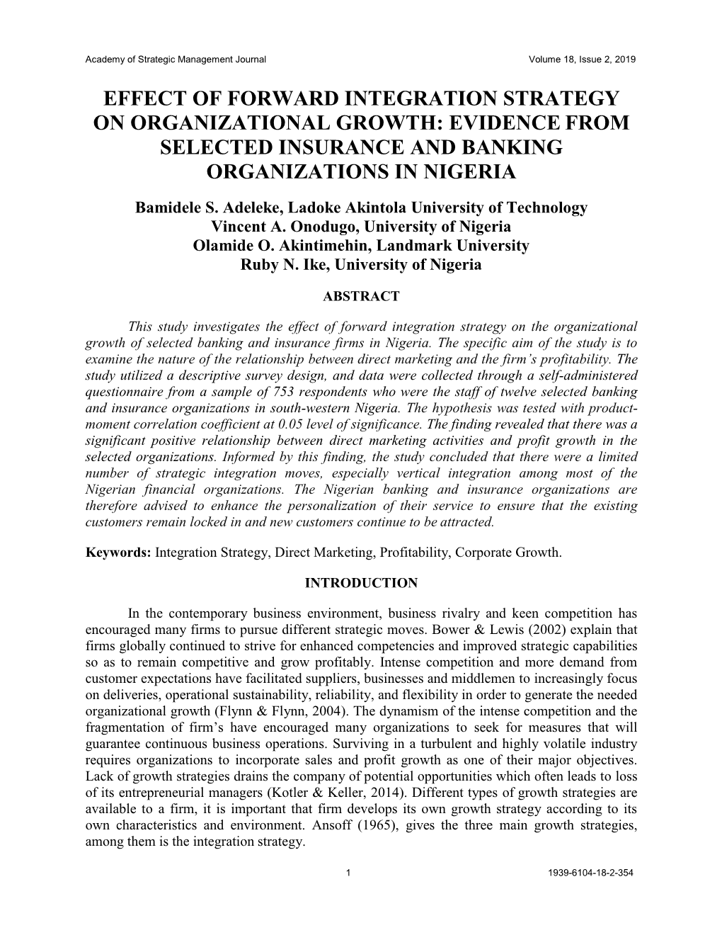 Effect of Forward Integration Strategy on Organizational Growth: Evidence from Selected Insurance and Banking Organizations in Nigeria