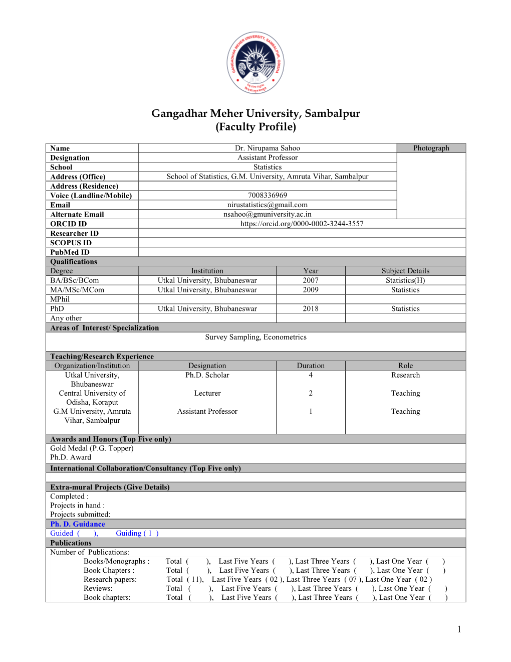 Gangadhar Meher University, Sambalpur (Faculty Profile)