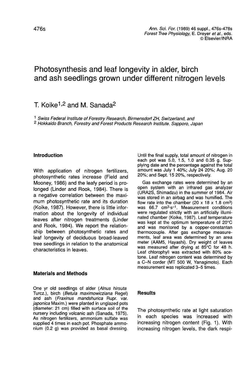 Photosynthesis and Leaf Longevity in Alder, Birch and Ash Seedlings Grown Under Different Nitrogen Levels