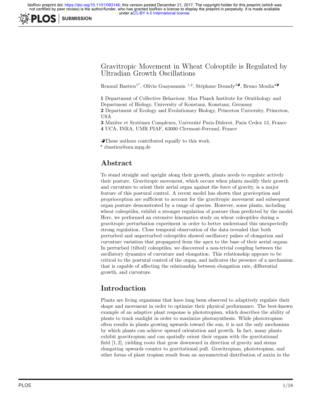 Gravitropic Movement in Wheat Coleoptile Is Regulated by Ultradian Growth Oscillations