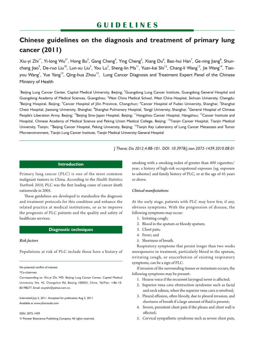 Guidelines on the Diagnosis and Treatment of Primary Lung Cancer (2011)