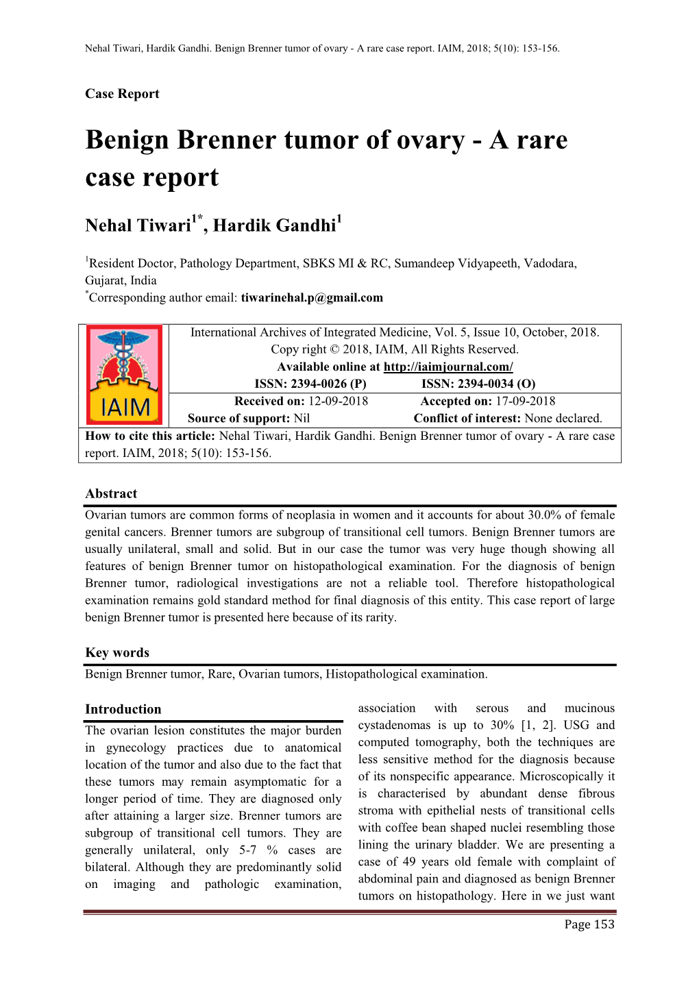 Benign Brenner Tumor of Ovary - a Rare Case Report