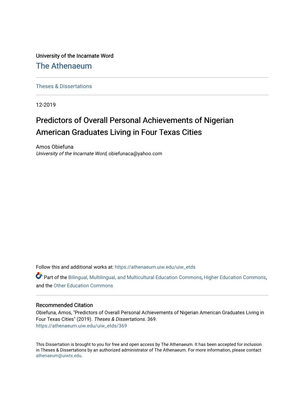 Predictors of Overall Personal Achievements of Nigerian American Graduates Living in Four Texas Cities