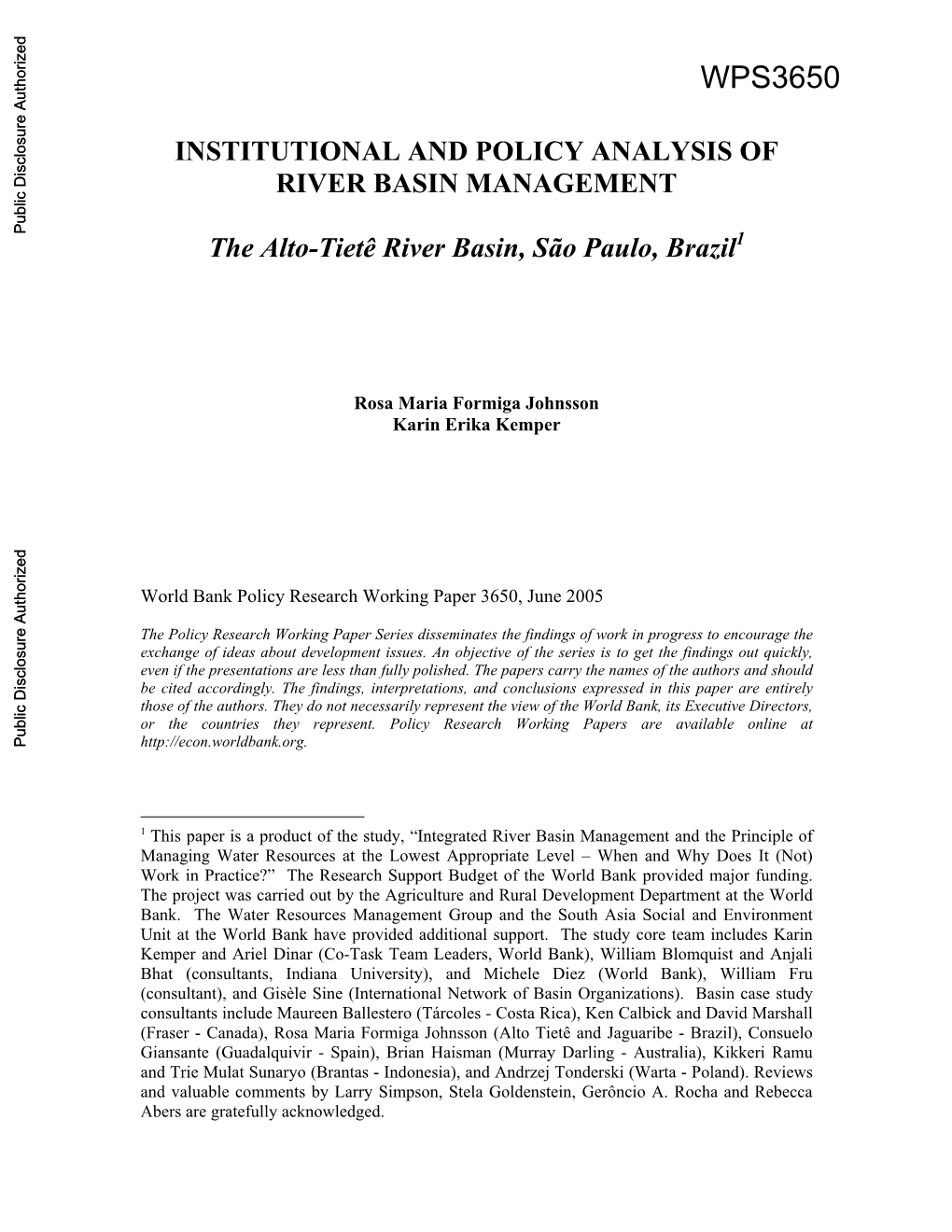 Institutional and Policy Analysis of River Basin Management: the Alto-Tiete River Basin, São Paulo, Brazil