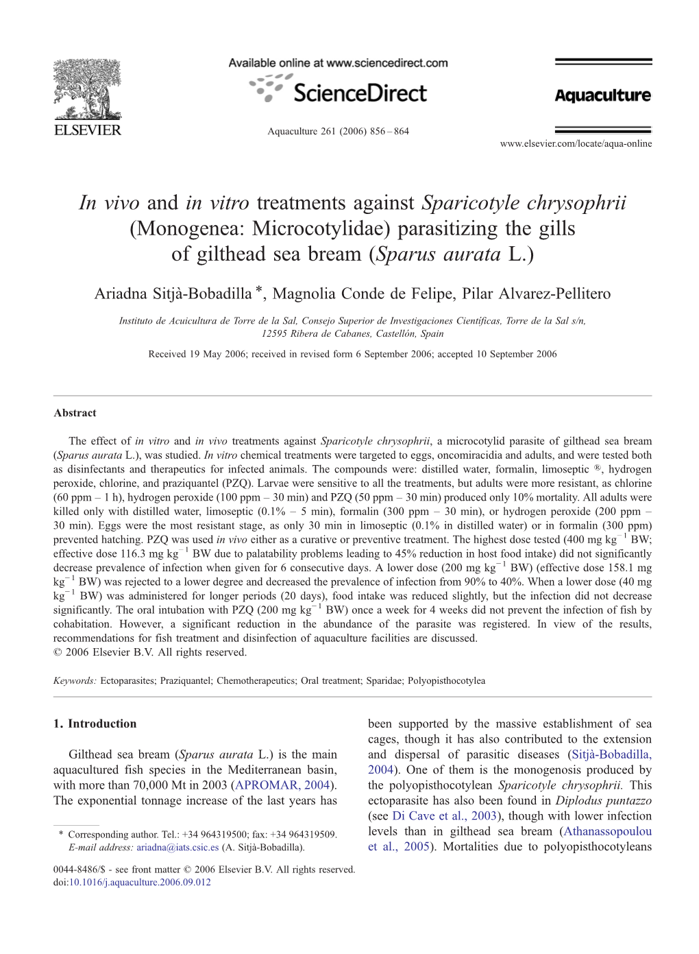 In Vivo and in Vitro Treatments Against Sparicotyle Chrysophrii