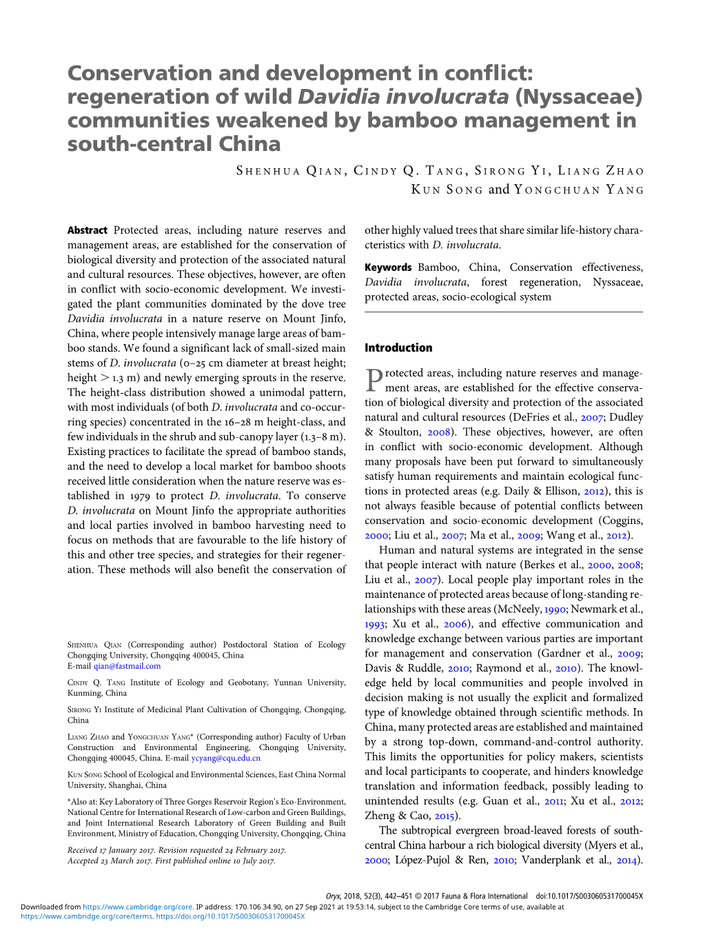 Conservation and Development in Conflict: Regeneration of Wild Davidia Involucrata (Nyssaceae) Communities Weakened by Bamboo Management in South-Central China