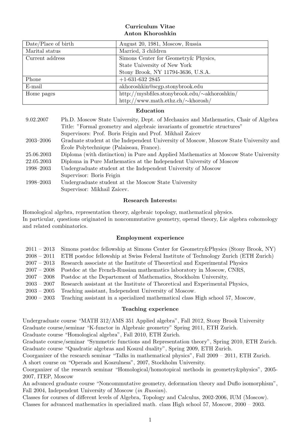 Curriculum Vitae Anton Khoroshkin Date/Place of Birth August 20, 1981