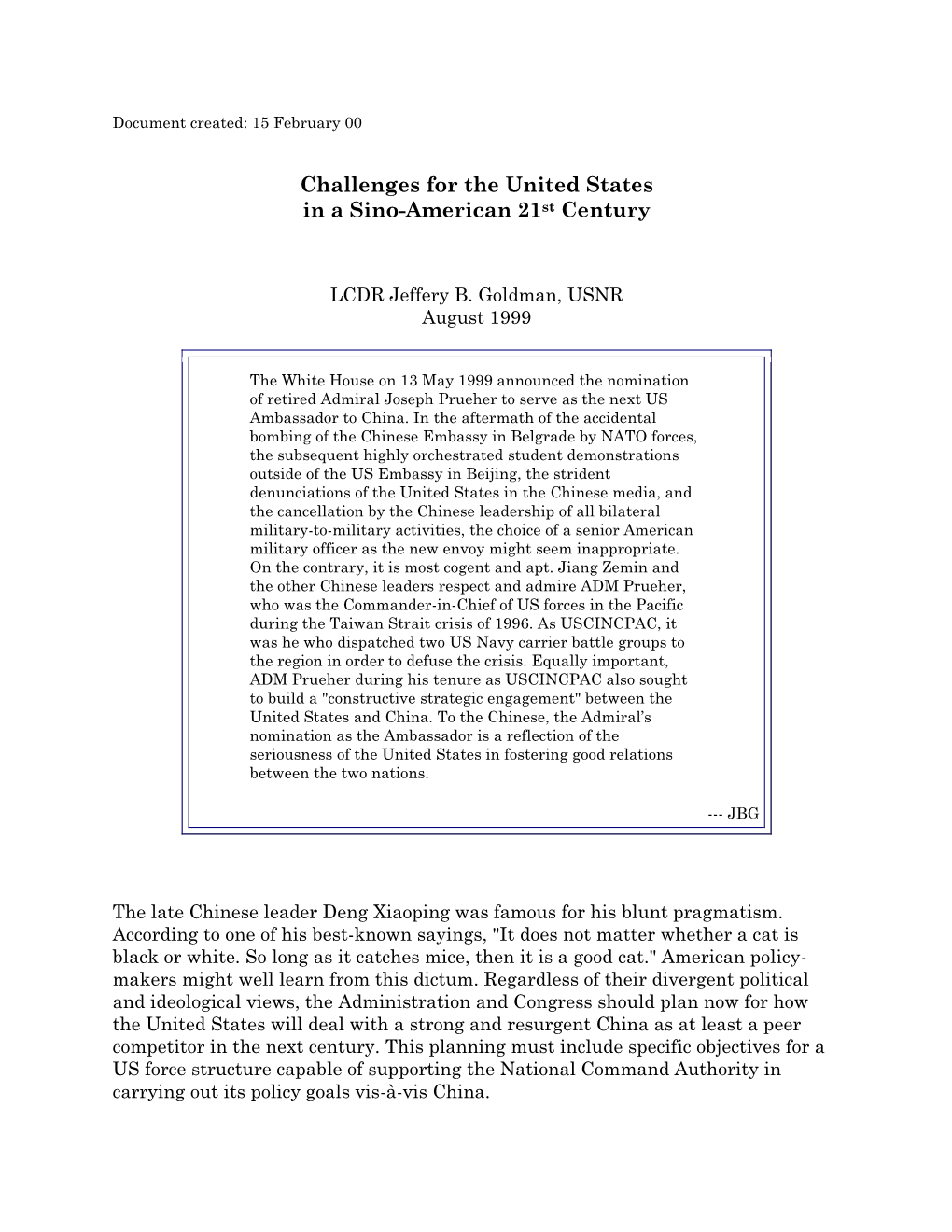 Challenges for the United States in a Sino-American 21St Century