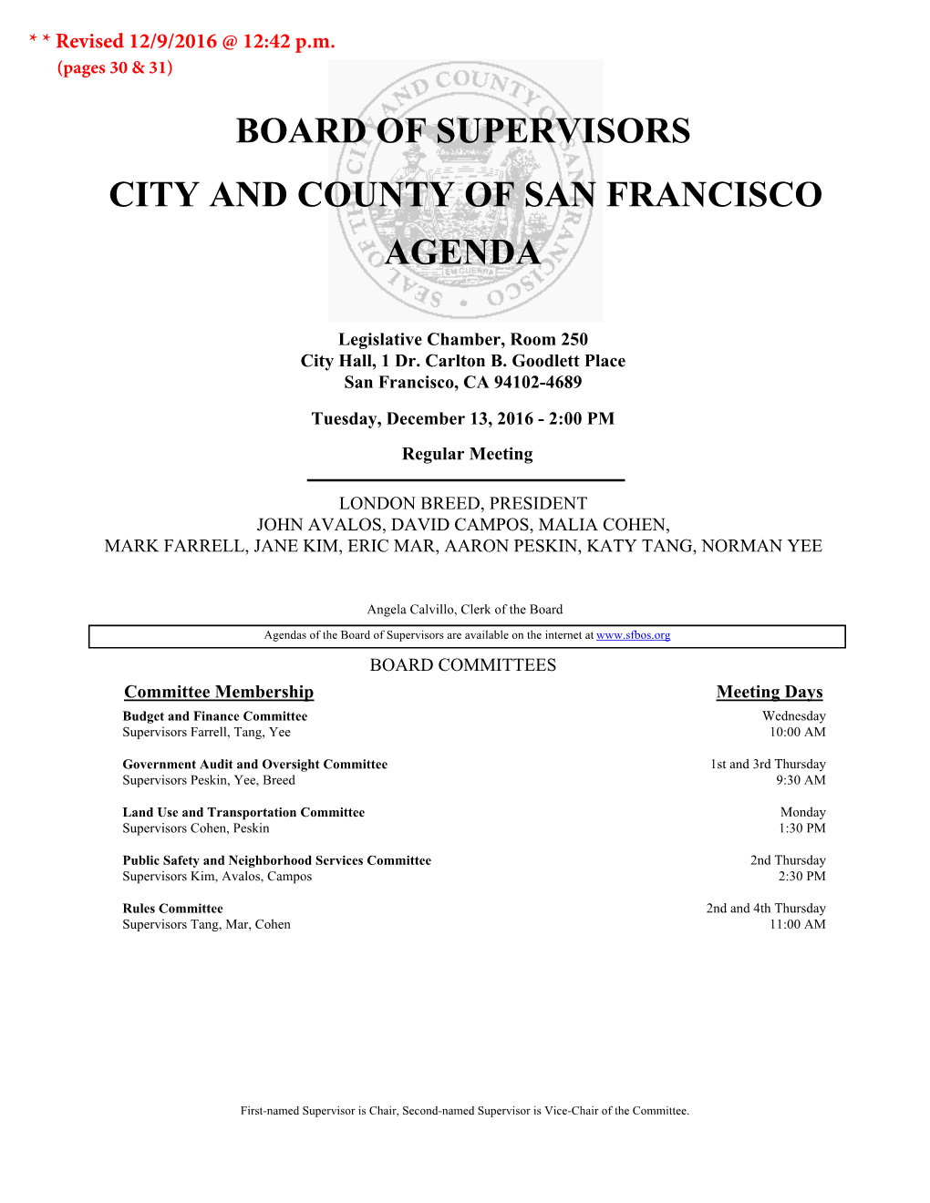 Board of Supervisors City and County of San Francisco Agenda