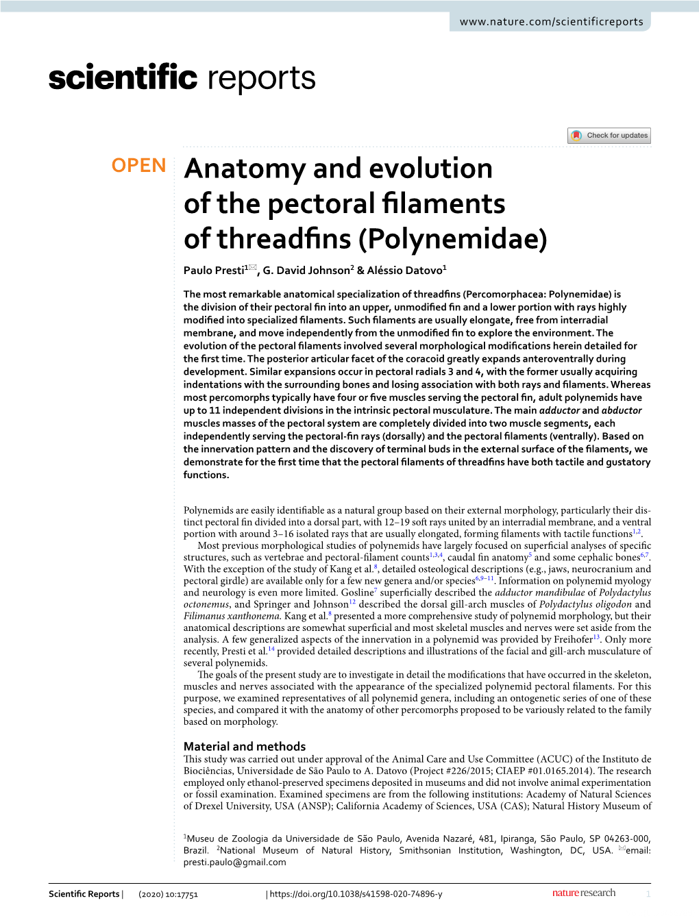Anatomy and Evolution of the Pectoral Filaments of Threadfins (Polynemidae)