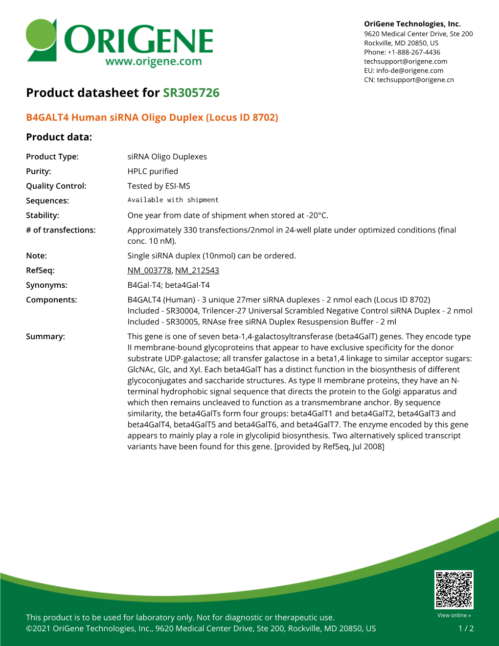 B4GALT4 Human Sirna Oligo Duplex (Locus ID 8702) Product Data