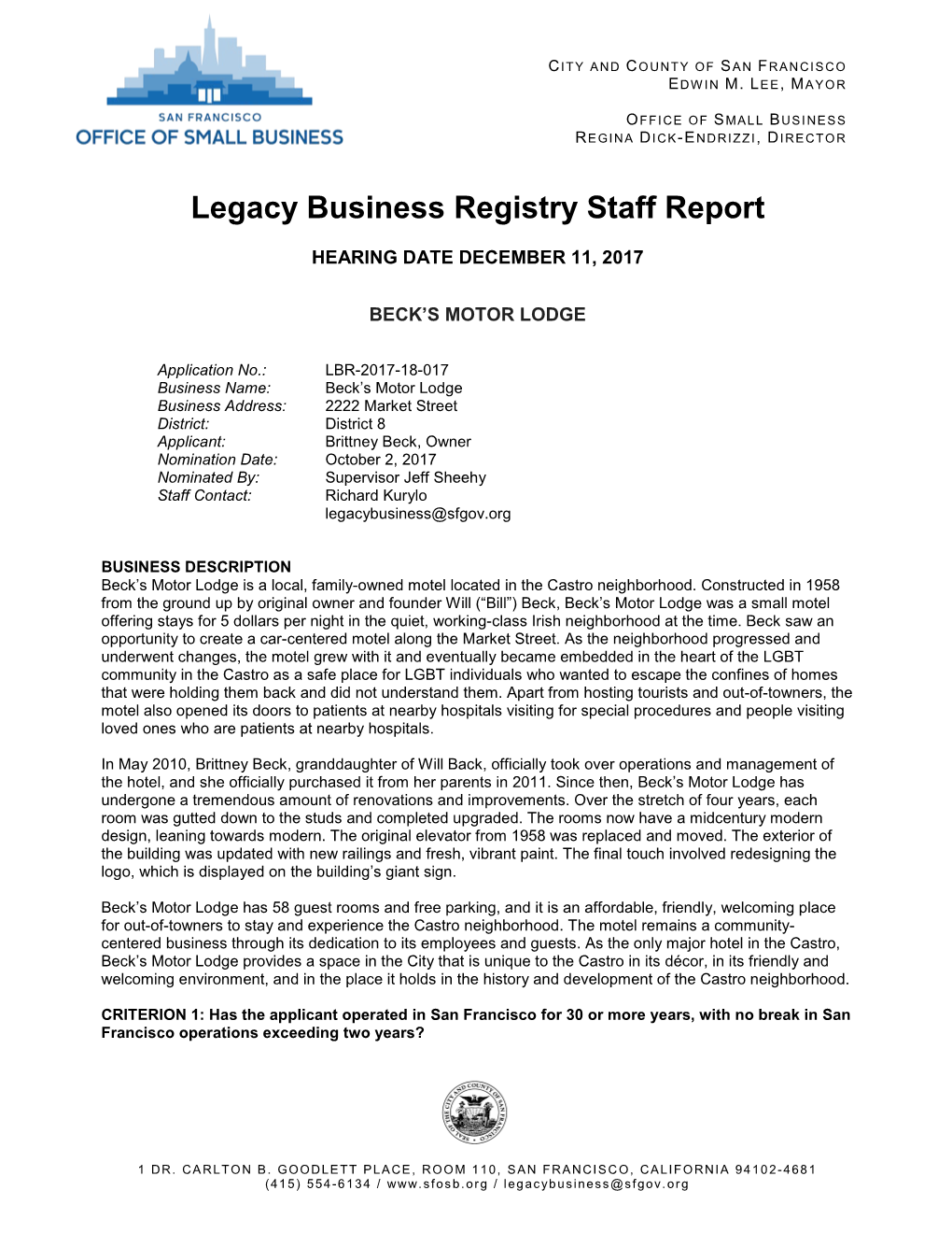 Legacy Business Registry Staff Report