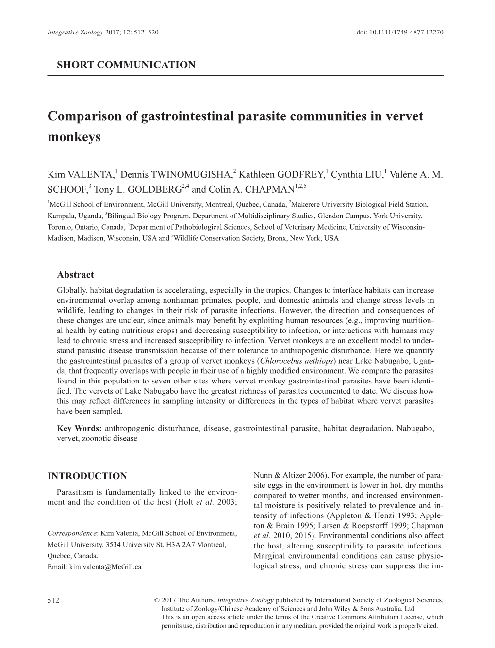 Comparison of Gastrointestinal Parasite Communities in Vervet