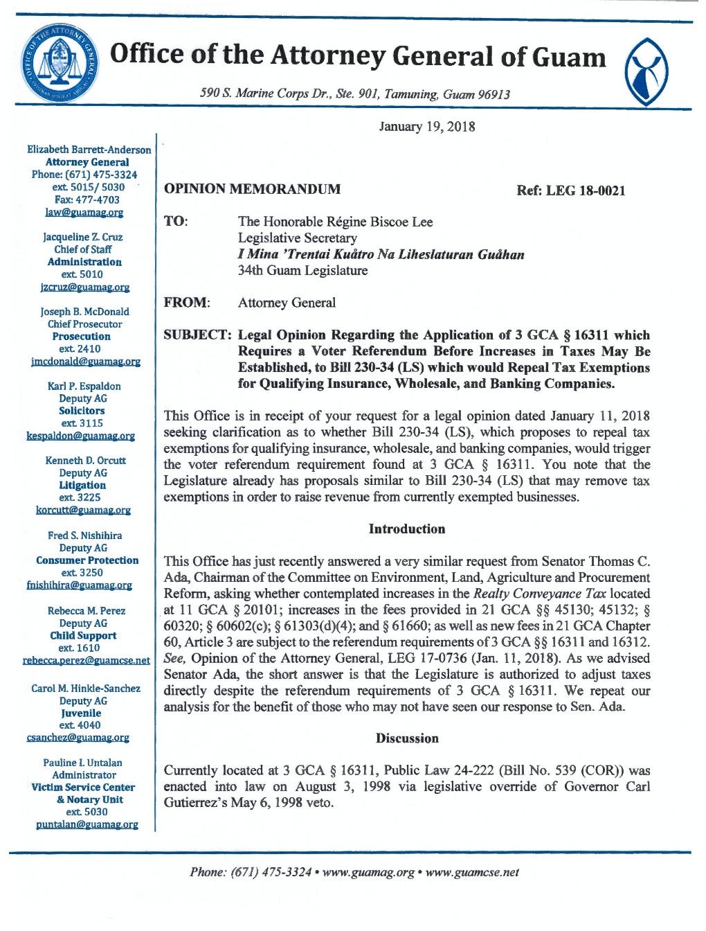 LEG 18-0021 Fax: 477-4703 !Aw@~Amag.Org TO: the Honorable Regine Biscoe Lee Jacqueline Z