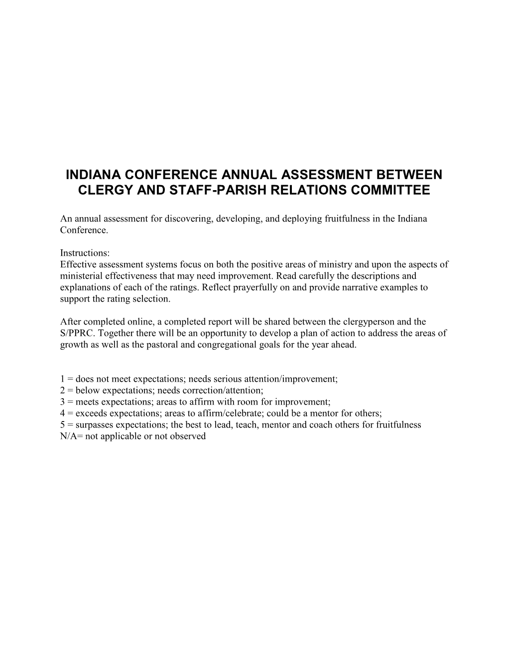 Indiana Conference Annual Assessment Between Clergy and Staff-Parish Relations Committee