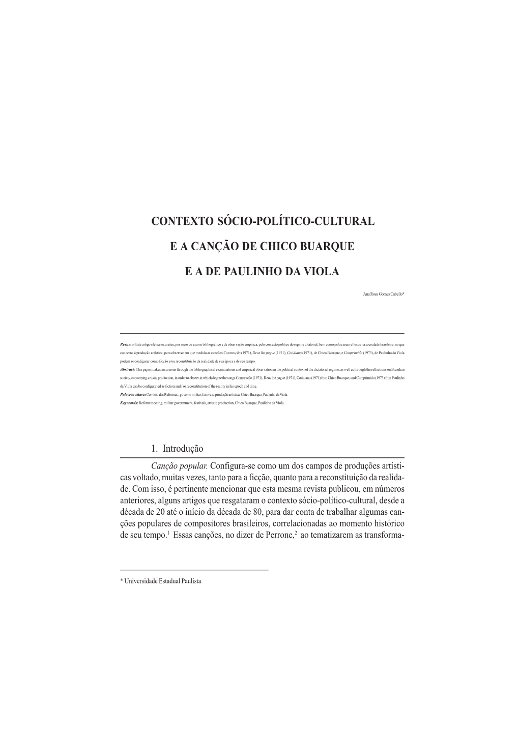 Contexto Sócio-Político-Cultural E a Canção De Chico Buarque E a De