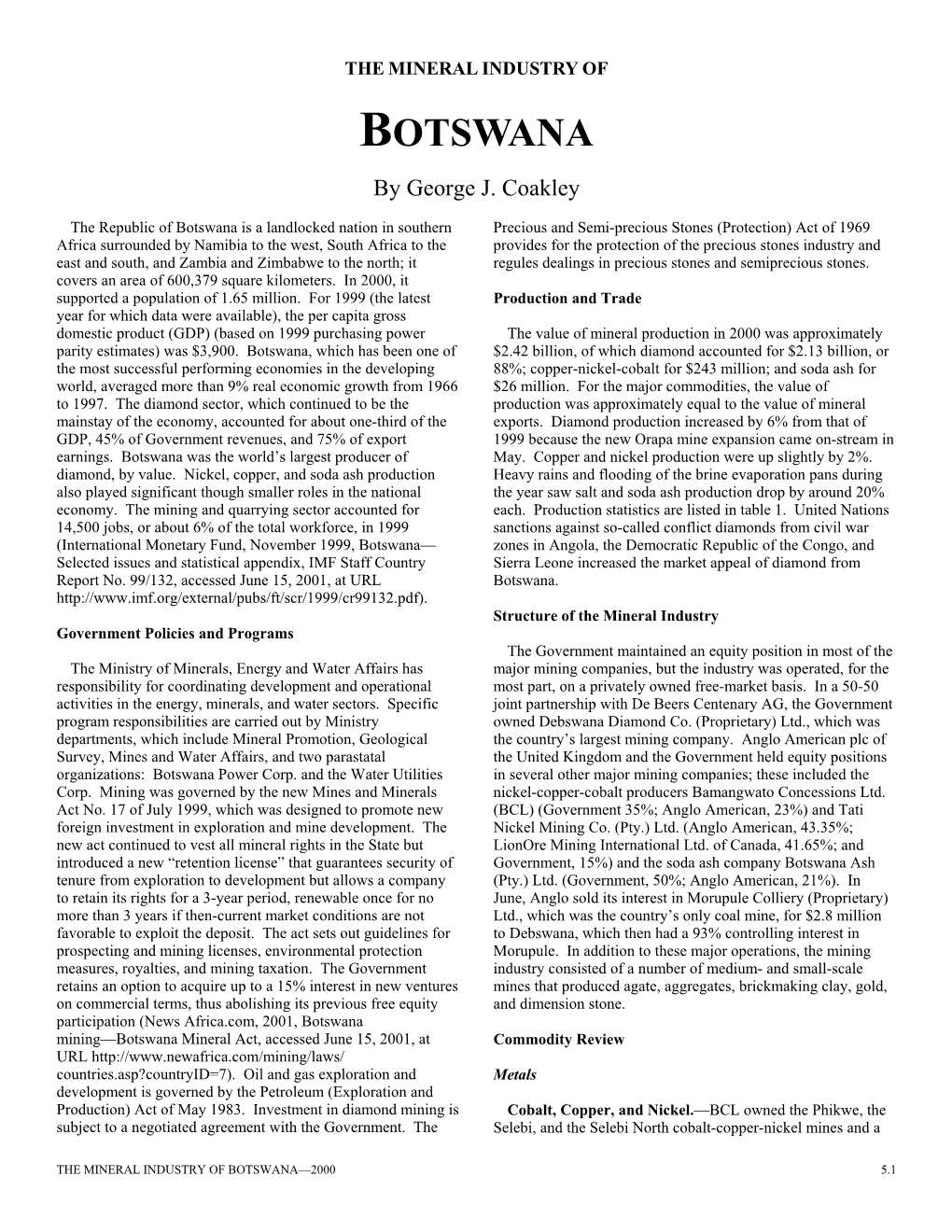 The Mineral Industry of Botswana in 2000