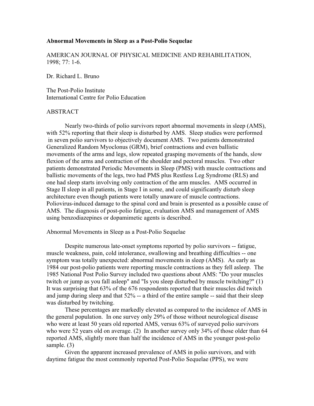 Abnormal Movements in Sleep As a Post-Polio Sequelae