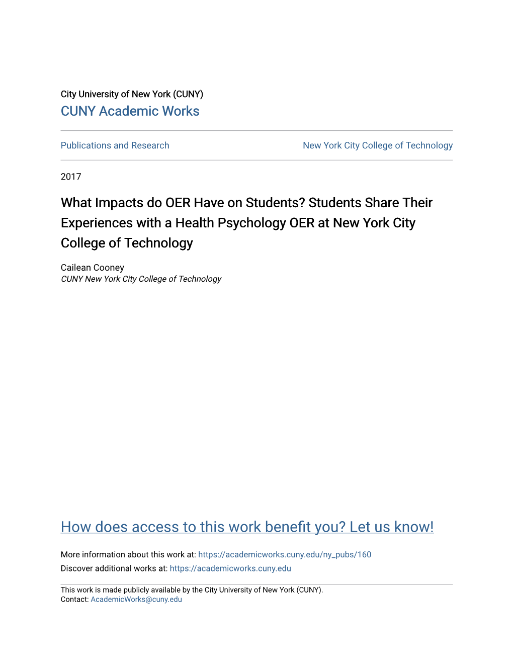 What Impacts Do OER Have on Students? Students Share Their Experiences with a Health Psychology OER at New York City College of Technology