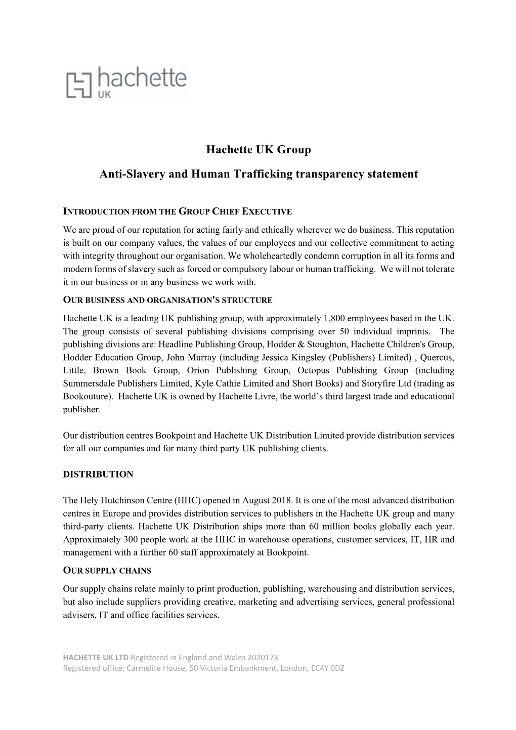 Hachette UK Group Anti-Slavery and Human Trafficking Transparency Statement