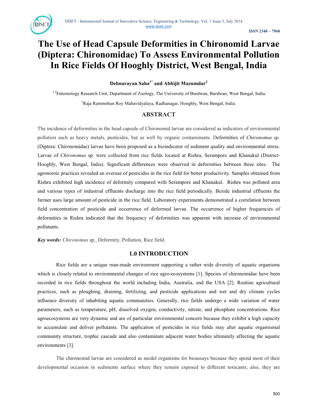 Diptera: Chironomidae) to Assess Environmental Pollution in Rice Fields of Hooghly District, West Bengal, India