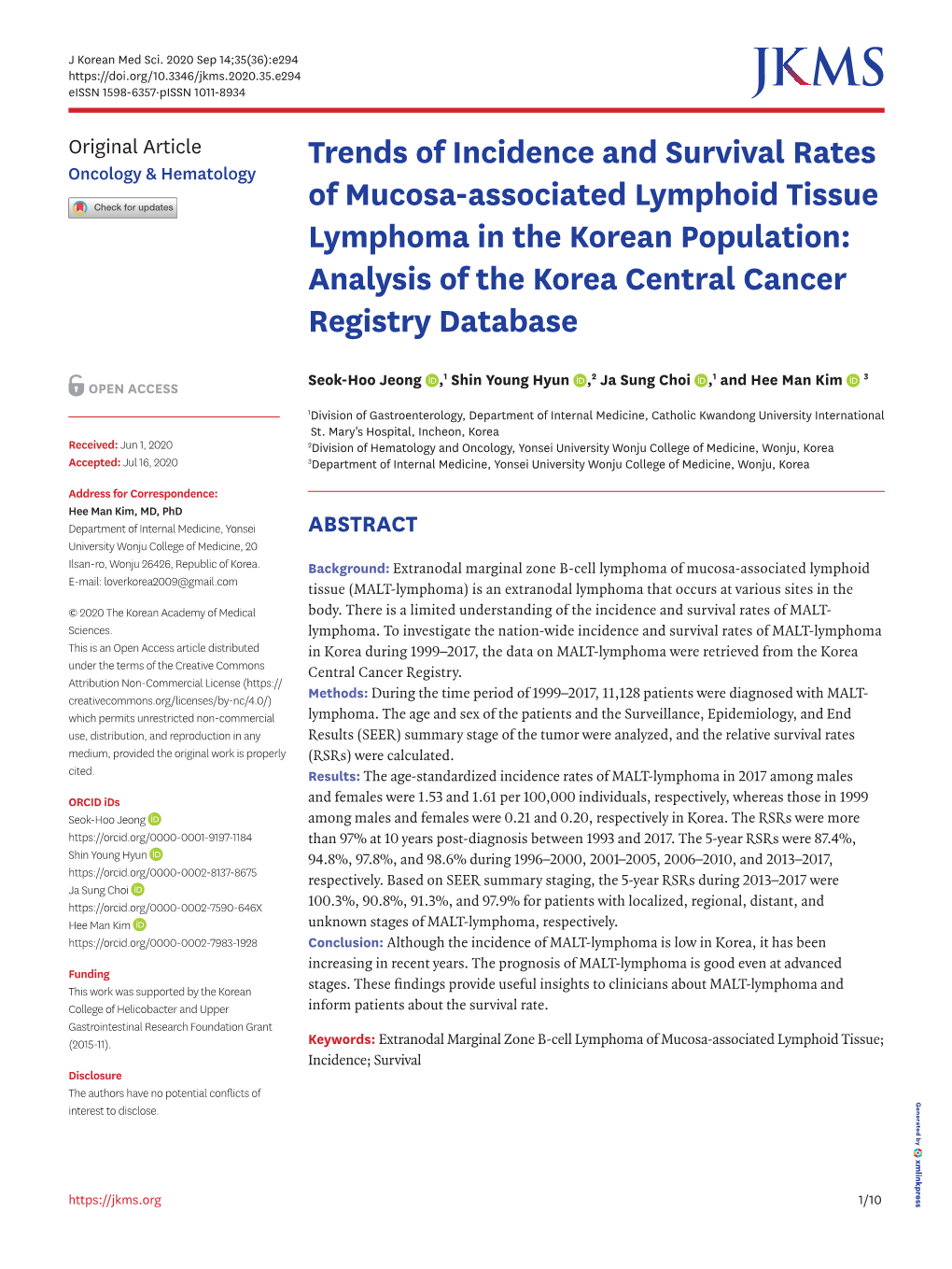 Trends of Incidence and Survival Rates of Mucosa-Associated