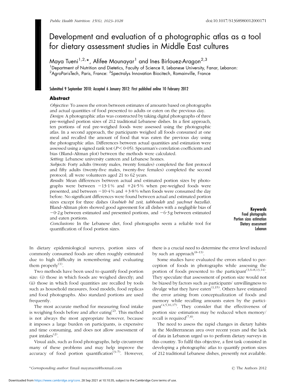 Development and Evaluation of a Photographic Atlas As a Tool for Dietary Assessment Studies in Middle East Cultures