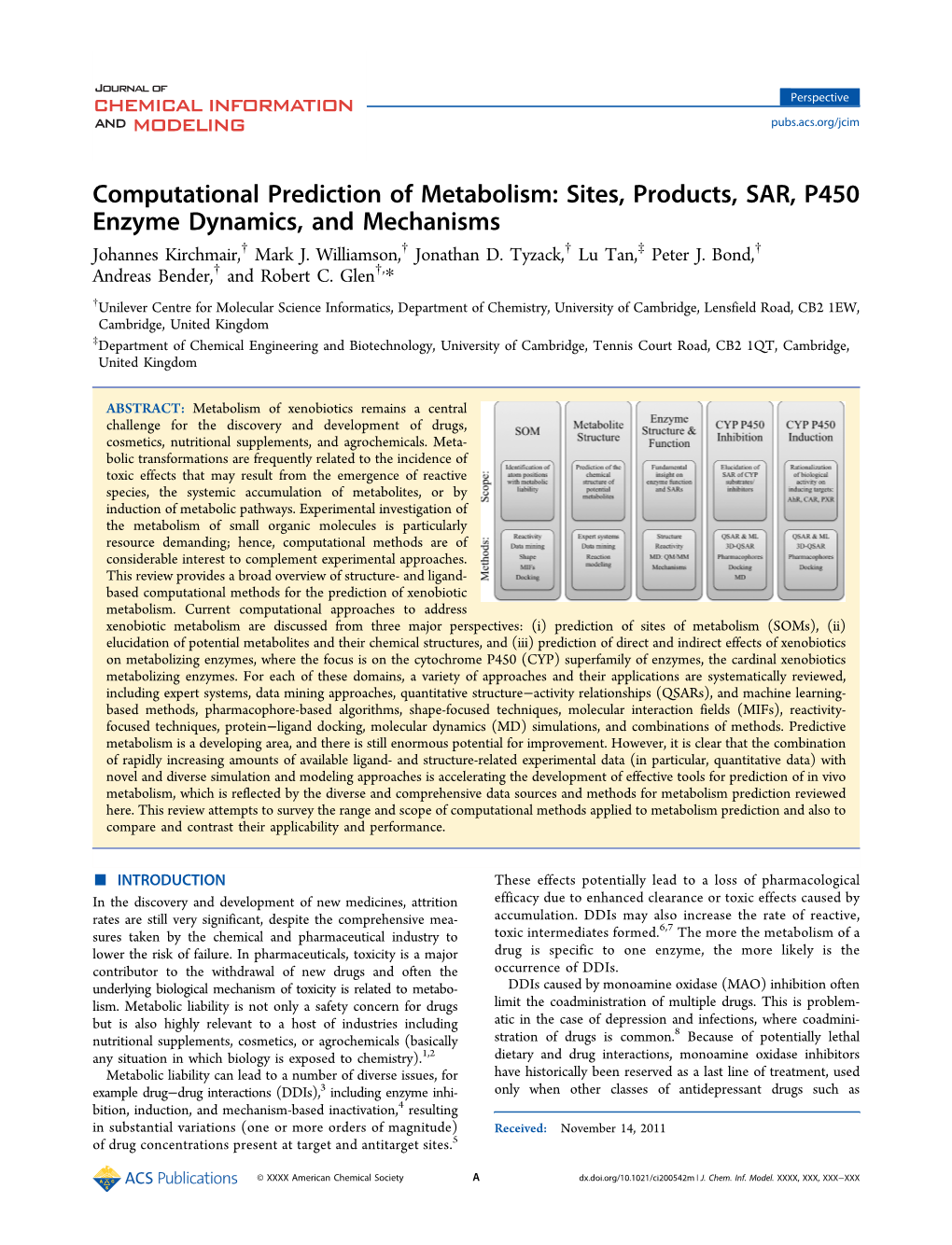 Computational Prediction of Metabolism: Sites, Products, SAR, P450 Enzyme Dynamics, and Mechanisms Johannes Kirchmair,† Mark J