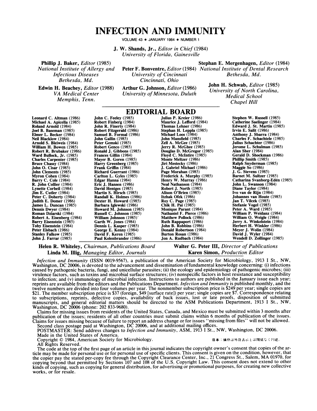 Infection and Immunity Volume 43 * January 1984 Number 1 J