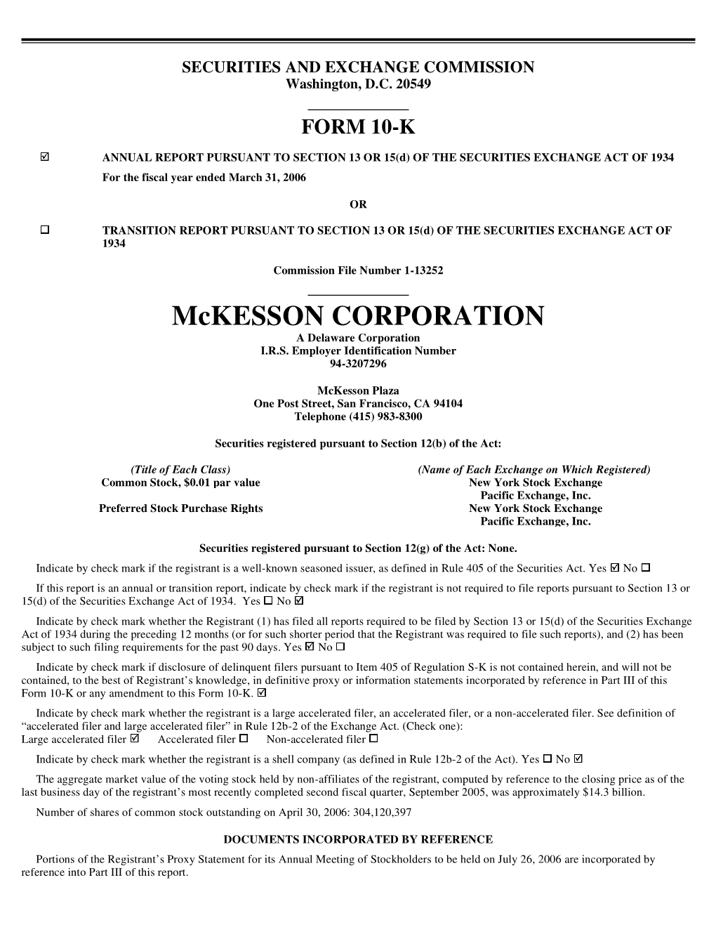Mckesson CORPORATION a Delaware Corporation I.R.S