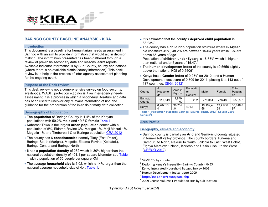 1 (Version As at November 2014) BARINGO COUNTY BASELINE