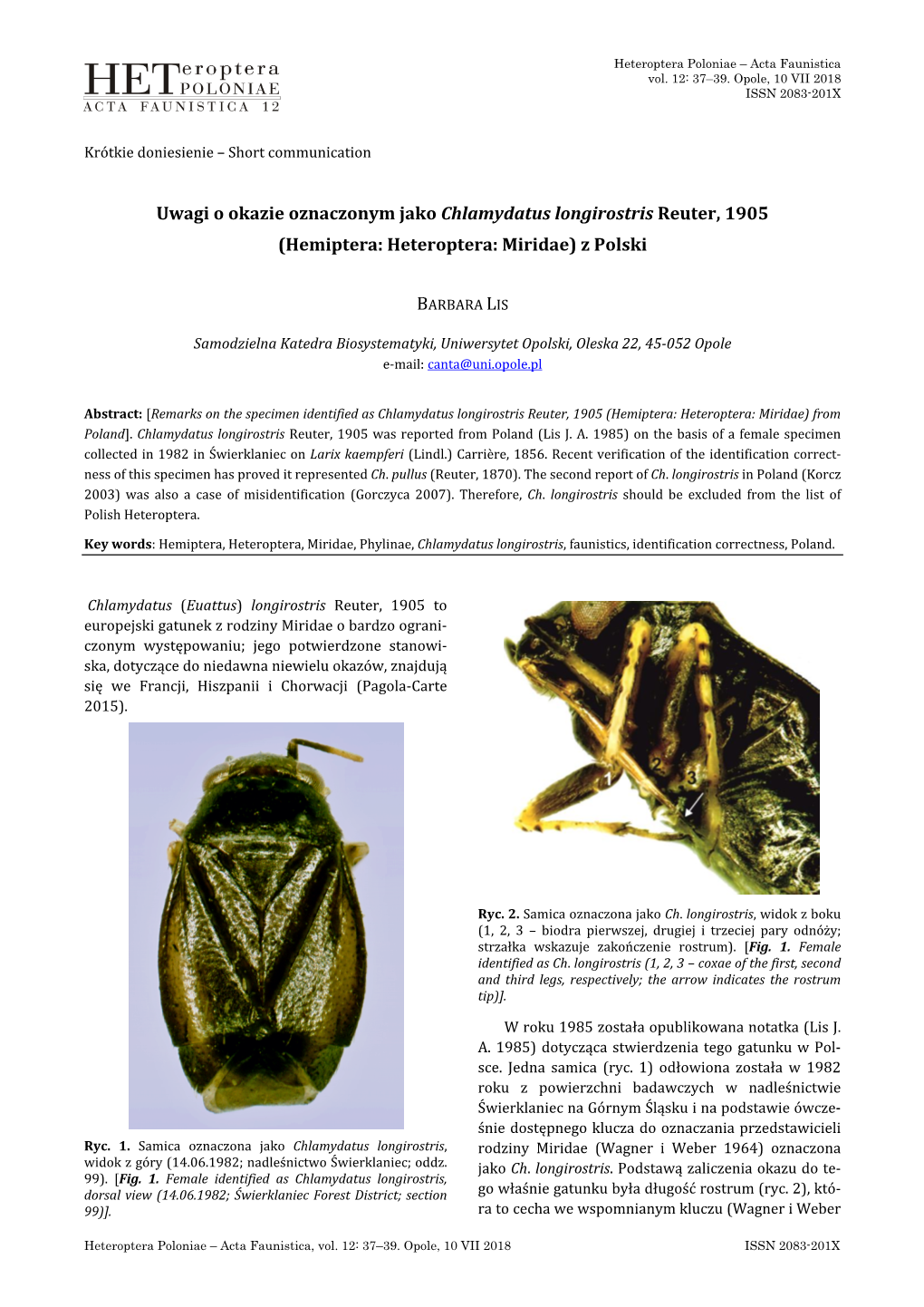Uwagi O Okazie Oznaczonym Jako Chlamydatus Longirostris Reuter, 1905 (Hemiptera: Heteroptera: Miridae) Z Polski