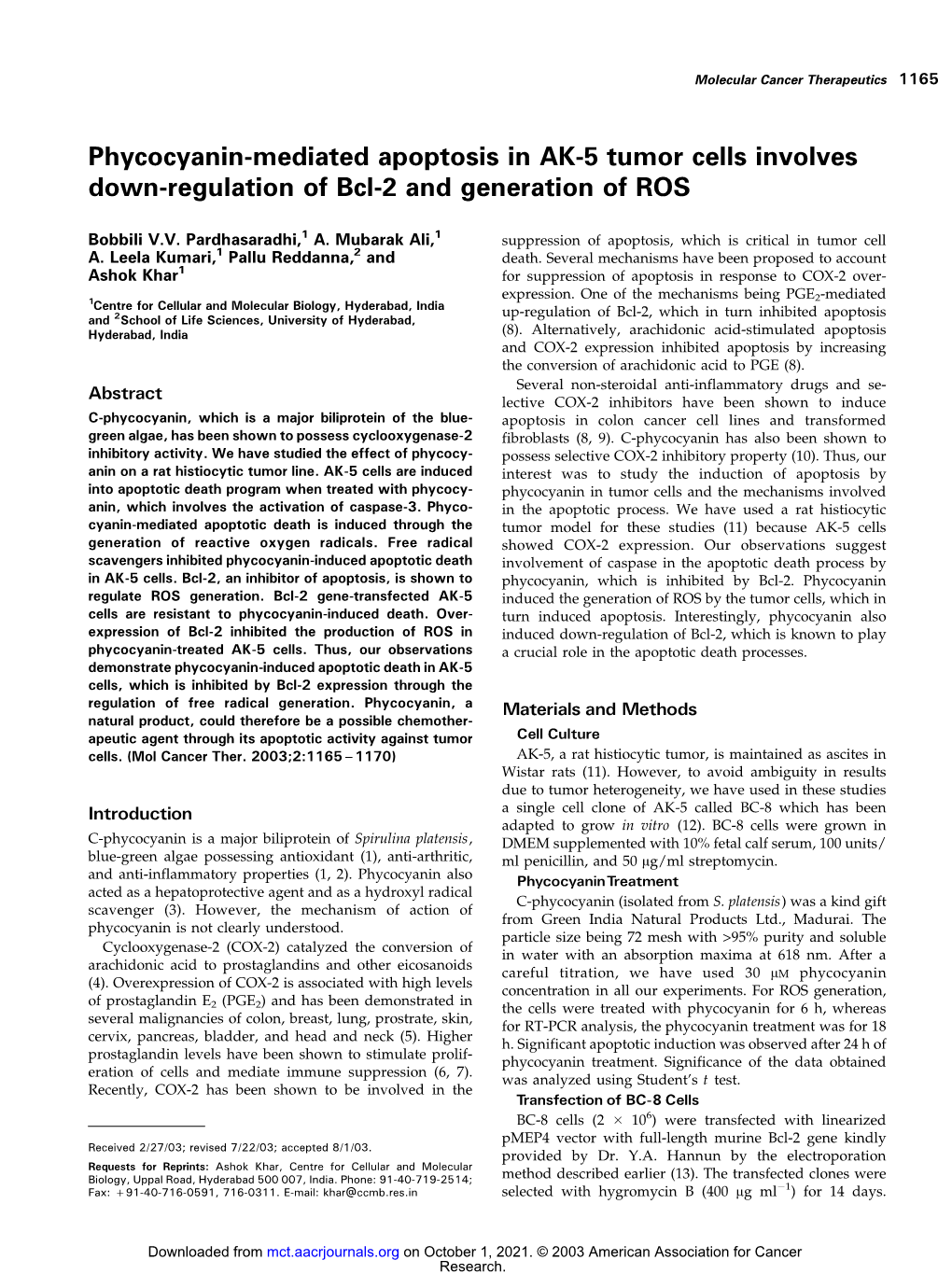 Phycocyanin-Mediated Apoptosis in AK-5 Tumor Cells Involves Down-Regulation of Bcl-2 and Generation of ROS