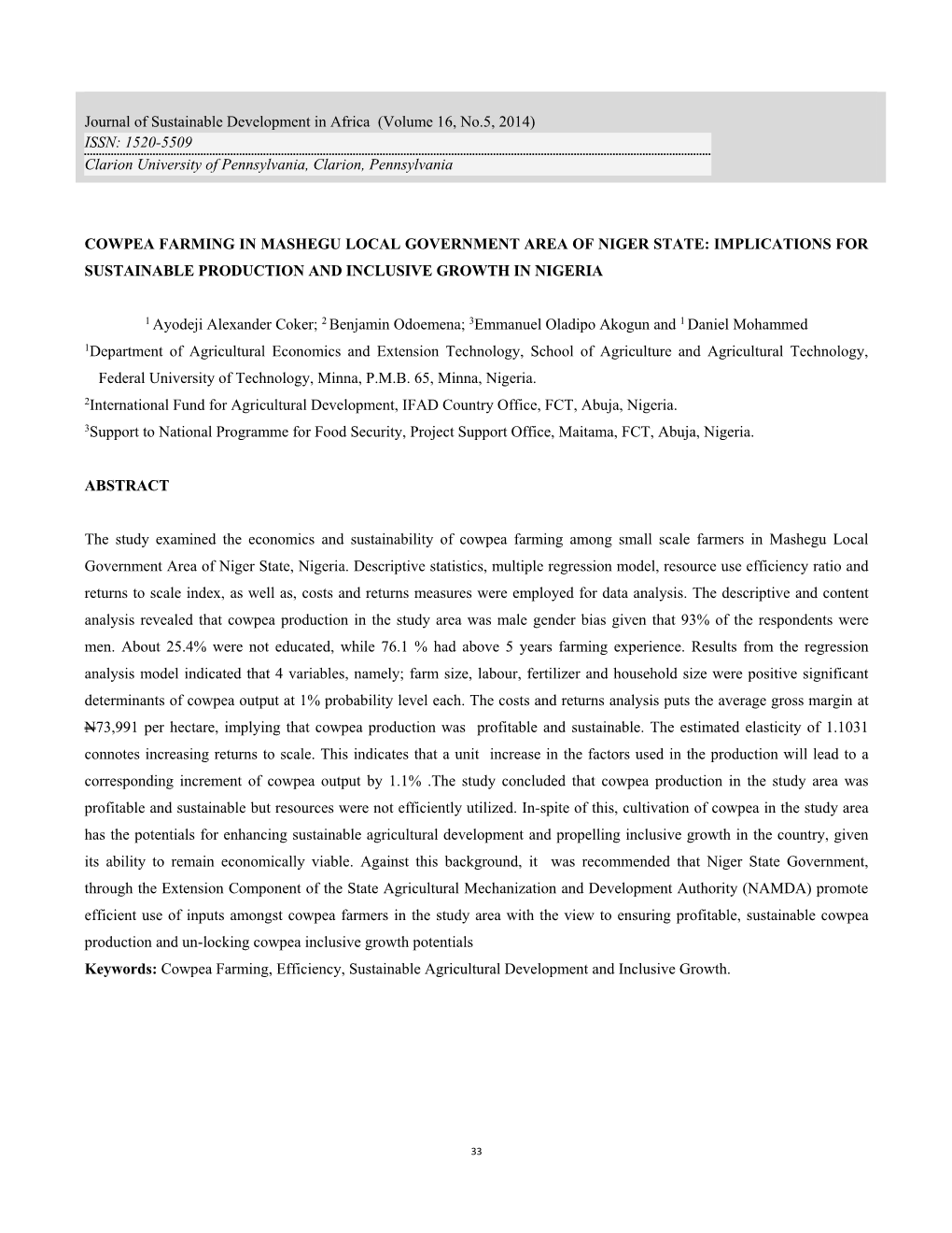 Cowpea Farming in Mashegu Local Government Area of Niger State: Implications for Sustainable Production and Inclusive Growth in Nigeria