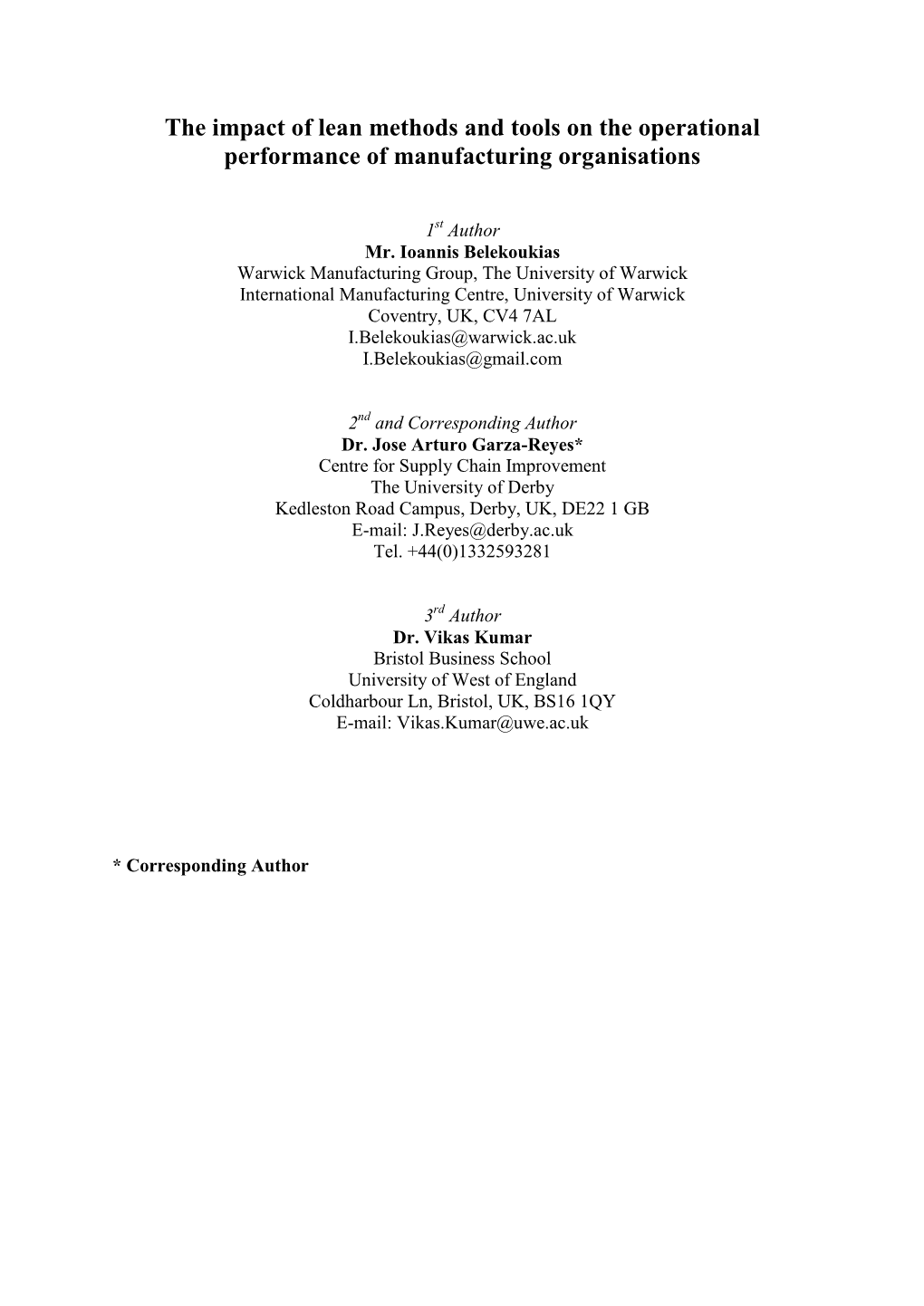 The Impact of Lean Methods and Tools on the Operational Performance of Manufacturing Organisations