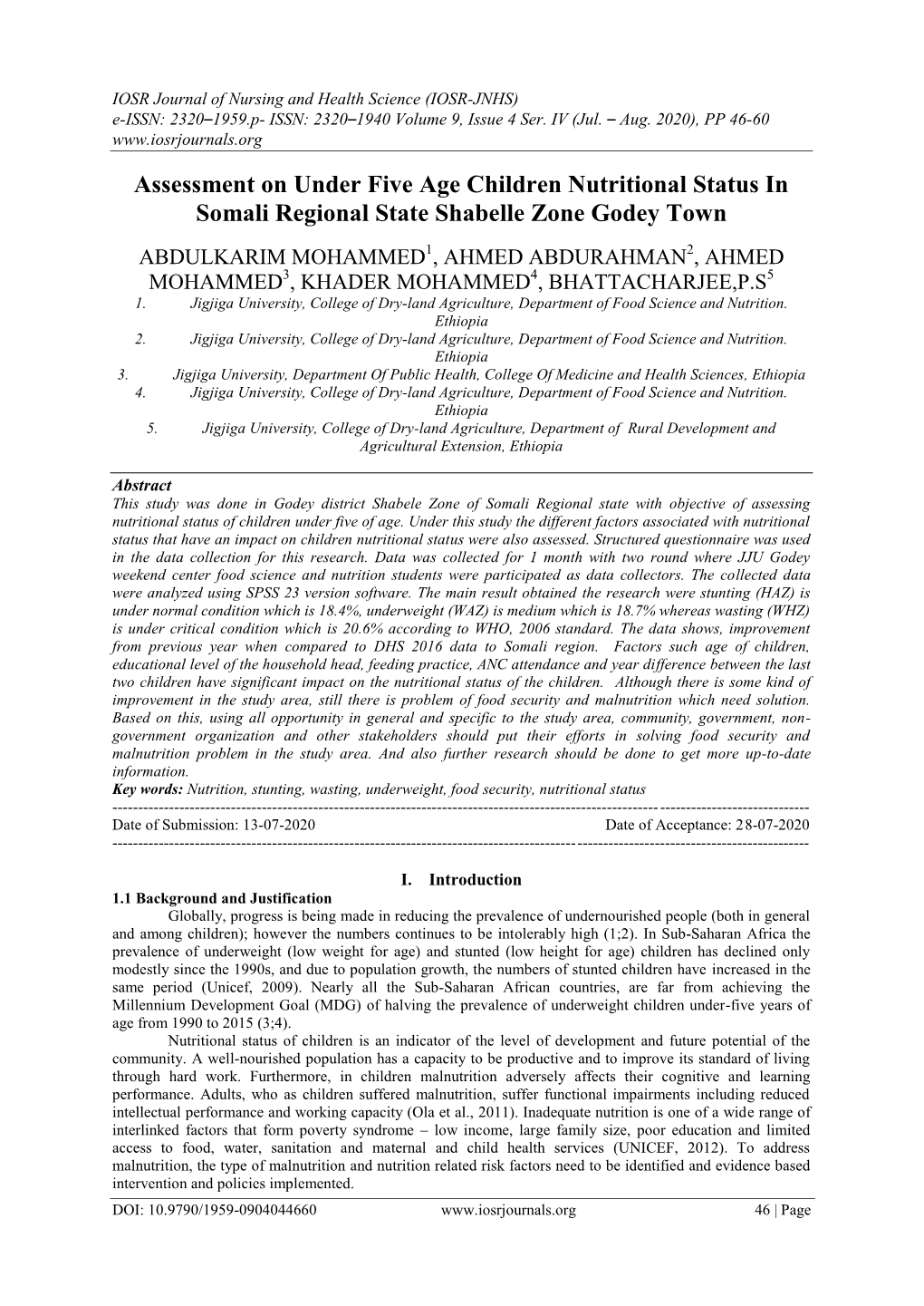 Assessment on Under Five Age Children Nutritional Status in Somali Regional State Shabelle Zone Godey Town