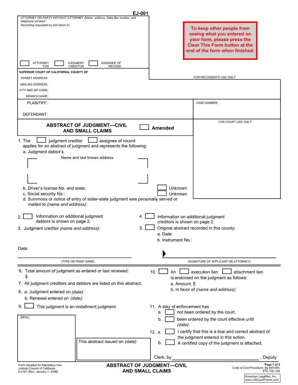 EJ-001 Amended ABSTRACT of JUDGMENT—CIVIL and SMALL