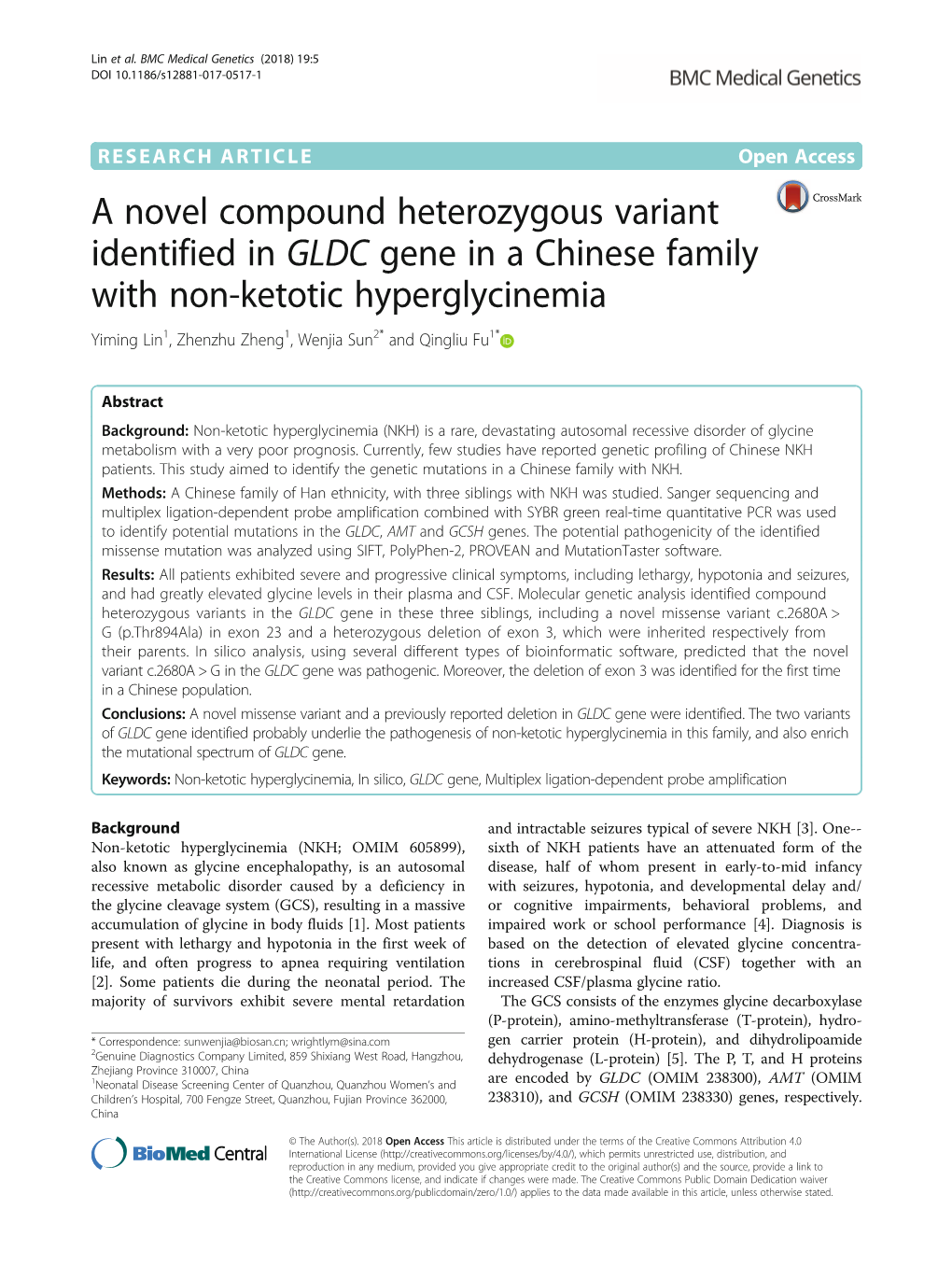 A Novel Compound Heterozygous Variant Identified in GLDC Gene in a Chinese Family with Non-Ketotic Hyperglycinemia
