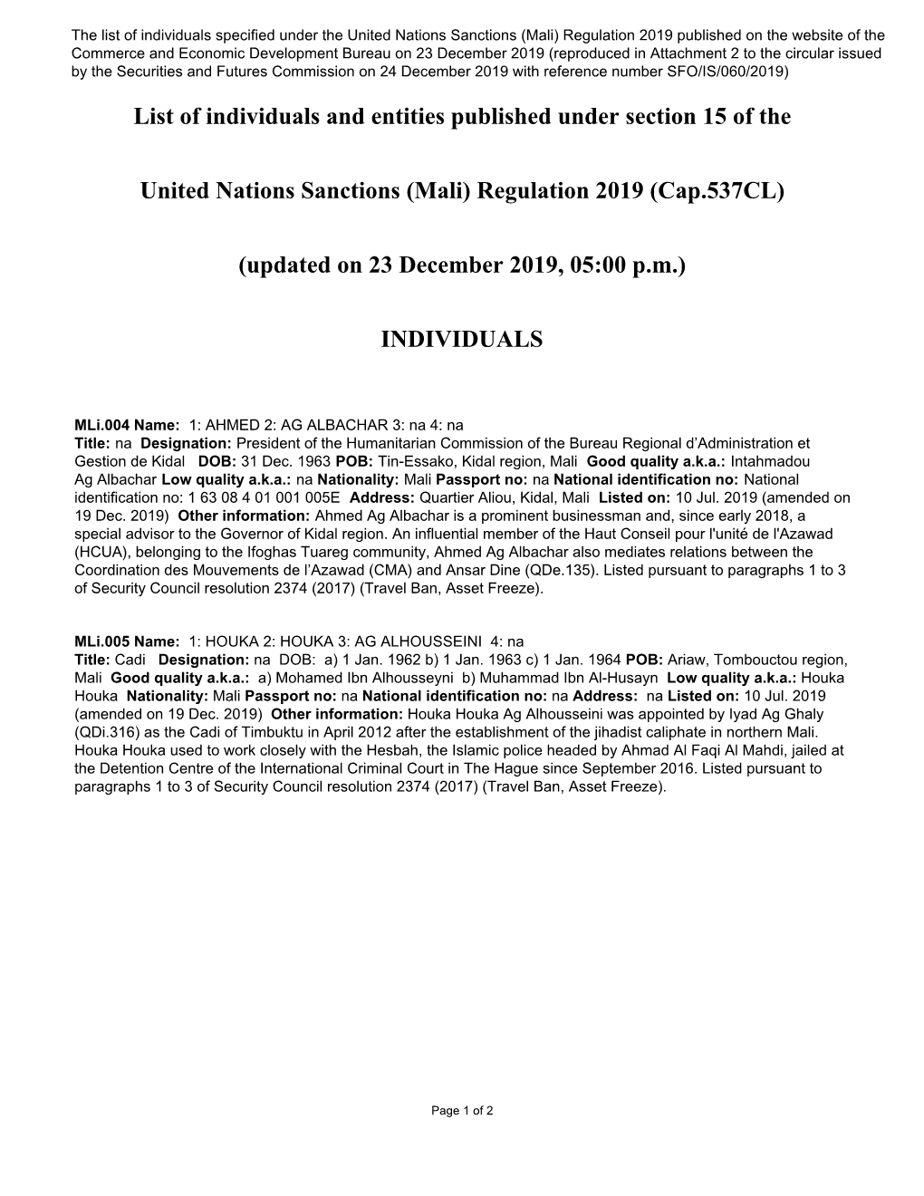 List of Individuals and Entities Published Under Section 15 of the United Nations Sanctions (Mali) Regulation 2019 (Cap.537CL) (